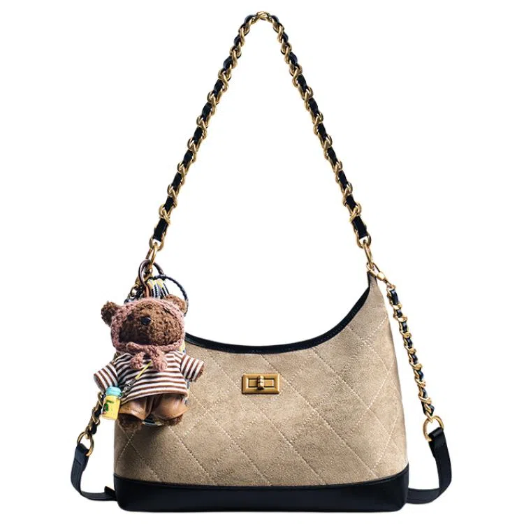 老人头 高级感韩版小众设计美式复古菱格小香风百搭时尚高颜值通勤休闲约会手拎手提腋下包斜挎包女 牛皮拼织物 单肩包 常规 女款 胡桃色