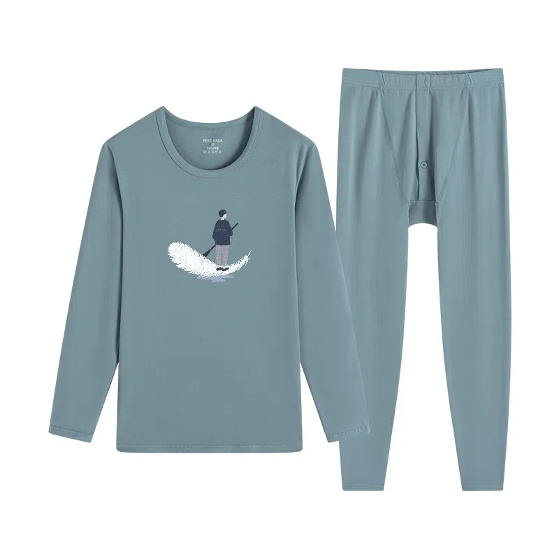 贴身领域 秋冬印花秋衣秋裤青少年纯棉全棉毛衫初中高中学生内衣保暖套装 男款