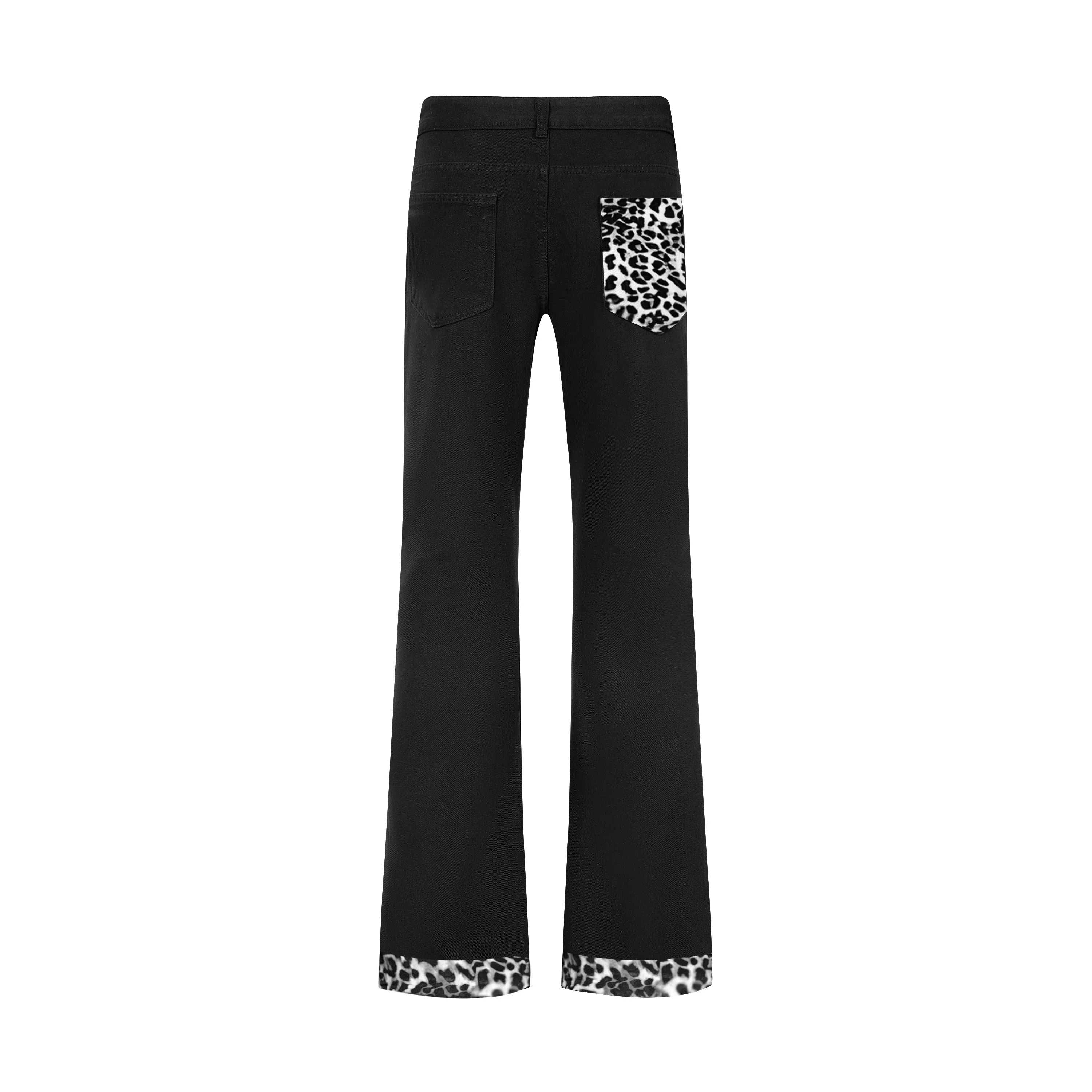 【暗黑系绒感豹纹拼接】布客行 微喇版型潮牌美式复古水洗直筒基础款黑白豹透气高街舒适亲肤百搭长裤显腿长显高显瘦休闲牛仔裤 男女同款