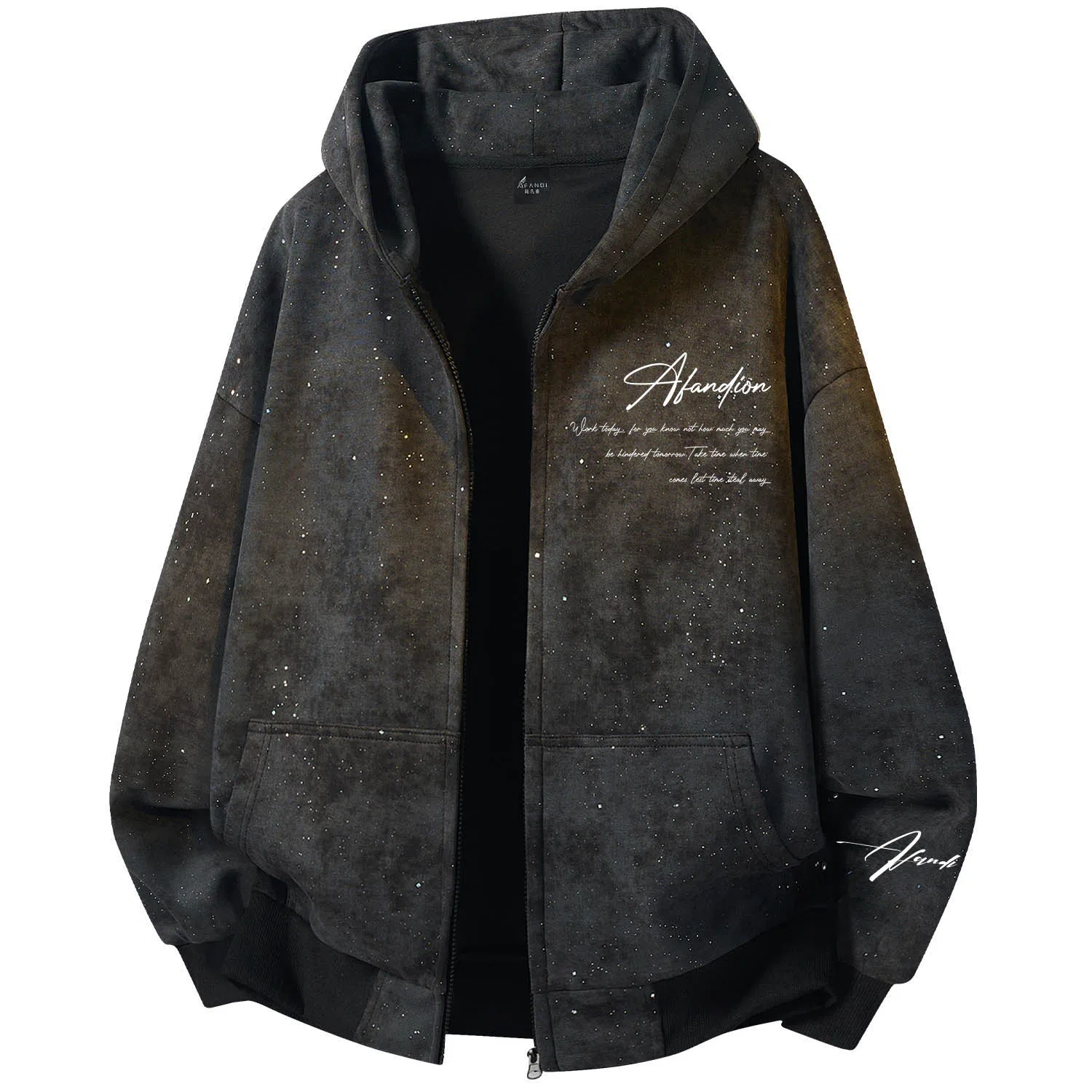 阿凡迪 美式复古高街满天星扎染潮流品牌签名字母校园风学生休闲百搭通勤无性别主义嘻哈街头宽松舒适重磅拉链外套开衫连帽卫衣 男女同款