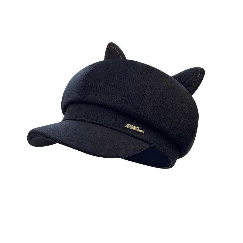 艾佳微 猫耳朵英伦复古日系卡通宽檐显脸小休闲百搭 聚酯纤维 贝雷帽 男女同款情侣款