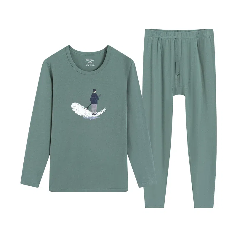 贴身领域 秋冬印花秋衣秋裤青少年纯棉全棉毛衫初中高中学生内衣保暖套装 男款