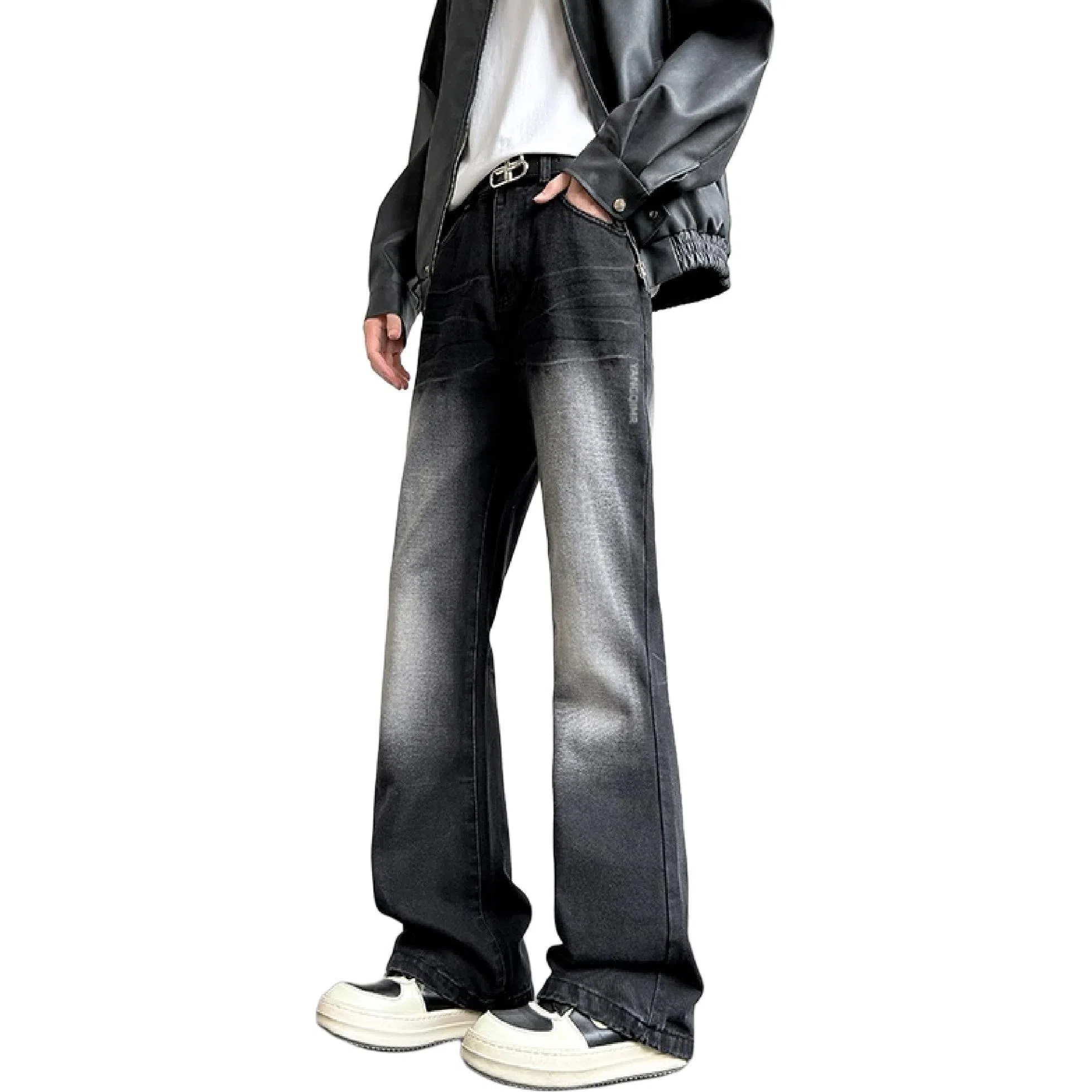 洋气先生 美式高街复古做旧水洗渐变磨白微喇百搭时尚纯色直筒闪电纹设计宽松舒适休闲中腰显高显瘦垂感拖地日常高级感穿搭牛仔裤 男女同款