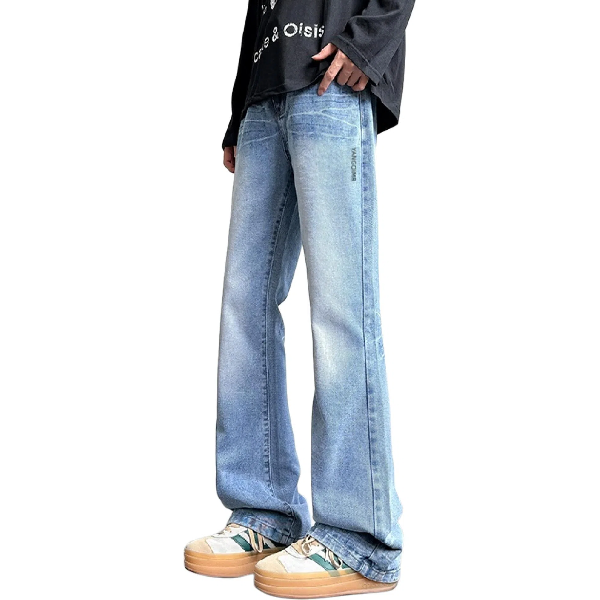 洋气先生 美式高街复古做旧水洗渐变磨白微喇百搭时尚纯色直筒闪电纹设计宽松舒适休闲中腰显高显瘦垂感拖地日常高级感穿搭牛仔裤 男女同款