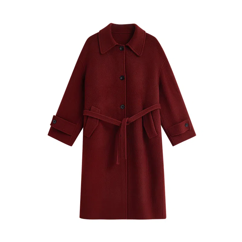 茵曼 小翻领长款毛呢外套大衣 女款