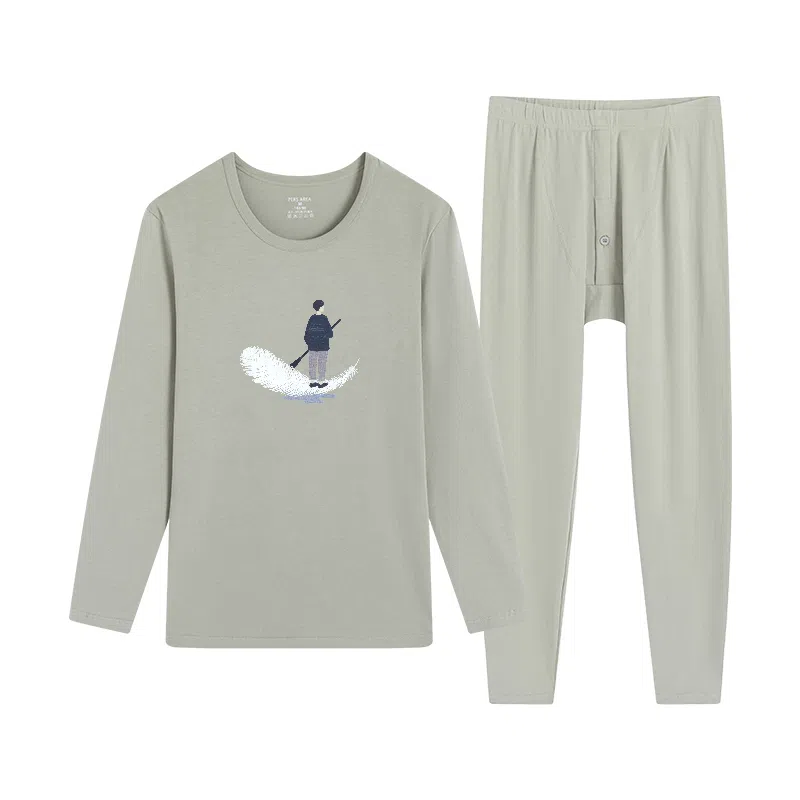 贴身领域 秋冬印花秋衣秋裤青少年纯棉全棉毛衫初中高中学生内衣保暖套装 男款