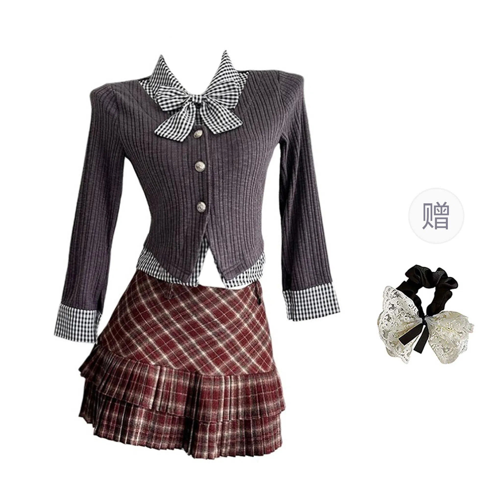 涂诗菲 格子修身高腰适中长袖裙装套装 女款