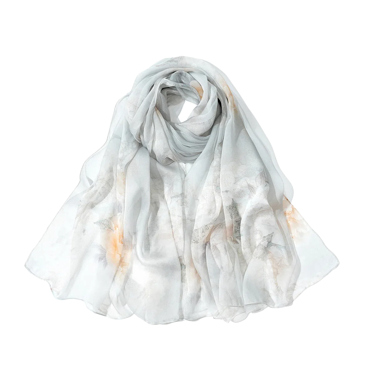 一米画纱 国风花卉轻盈透气旅游拍照外搭真丝雪纺喷绘长巾出行遮阳纱巾 丝巾 桑蚕丝 女款