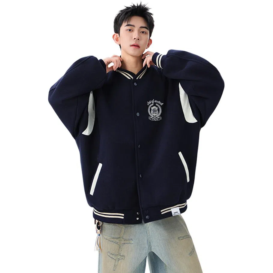 【dme】  潮牌高街美式复古徽章刺绣拼接学院风夹克外套男时尚宽松情侣款百搭休闲秋款棒球服 男女同款