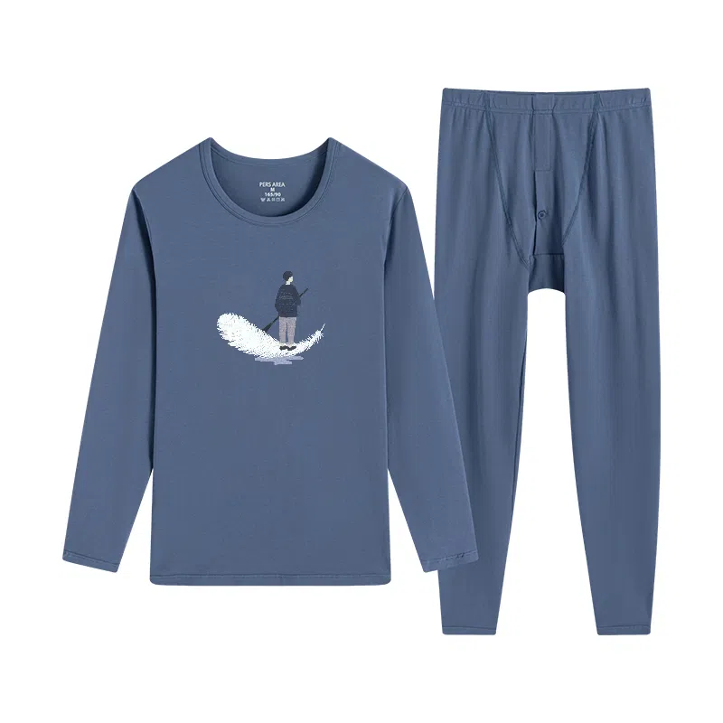 贴身领域 秋冬印花秋衣秋裤青少年纯棉全棉毛衫初中高中学生内衣保暖套装 男款