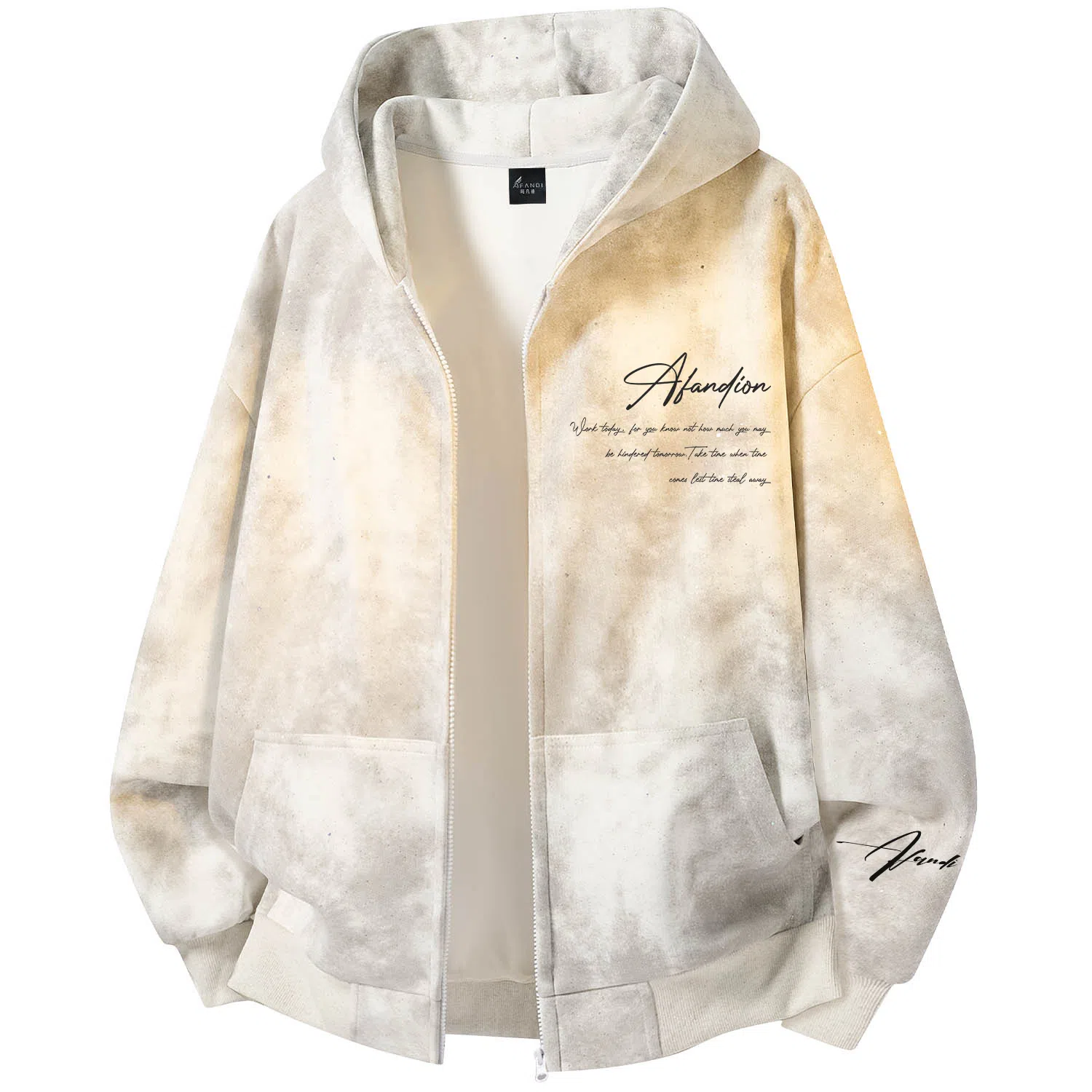 阿凡迪 美式复古高街满天星扎染潮流品牌签名字母校园风学生休闲百搭通勤无性别主义嘻哈街头宽松舒适重磅拉链外套开衫连帽卫衣 男女同款