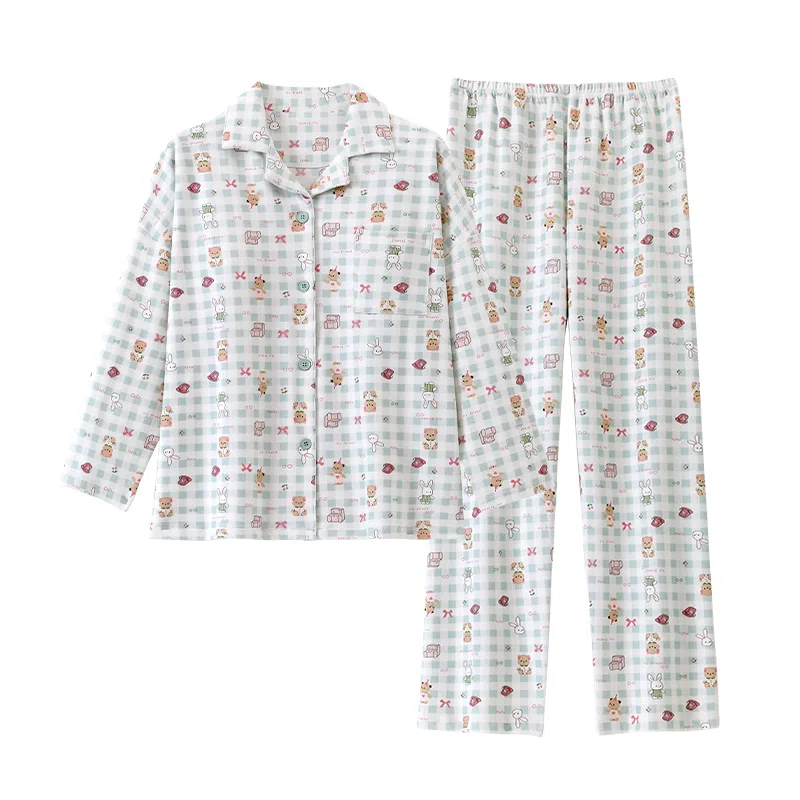 静英鸾 带胸垫长袖长裤翻领开衫卡通格子兔子小熊家居服睡衣套装 女款