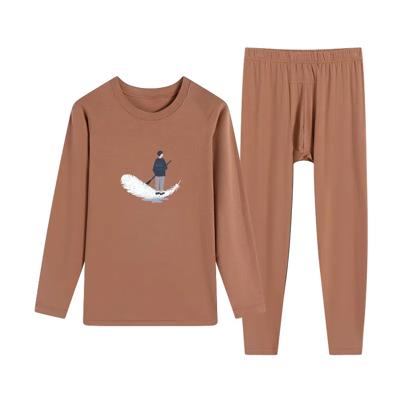 贴身领域 秋冬印花秋衣秋裤青少年纯棉全棉毛衫初中高中学生内衣保暖套装 男款