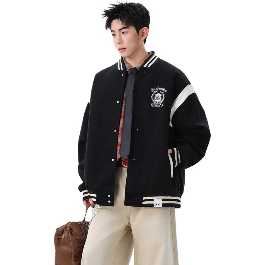 【dme】  潮牌高街美式复古徽章刺绣拼接学院风夹克外套男时尚宽松情侣款百搭休闲秋款棒球服 男女同款