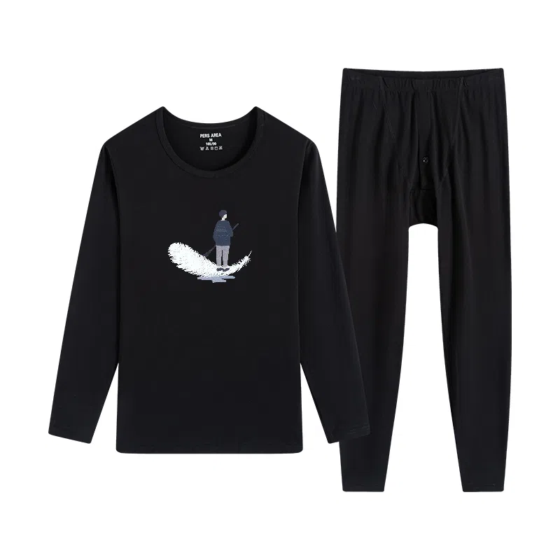 贴身领域 秋冬印花秋衣秋裤青少年纯棉全棉毛衫初中高中学生内衣保暖套装 男款