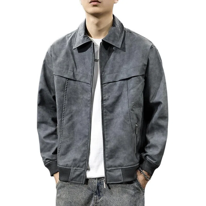 前进牛 美式休闲复古潮牌百搭宽松工装皮衣 男款