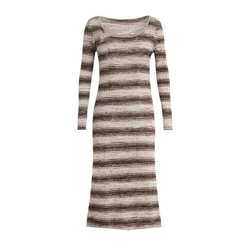 潞优野 波西米亚风复古撞色渐变条纹针织新派长袖连衣裙 女款