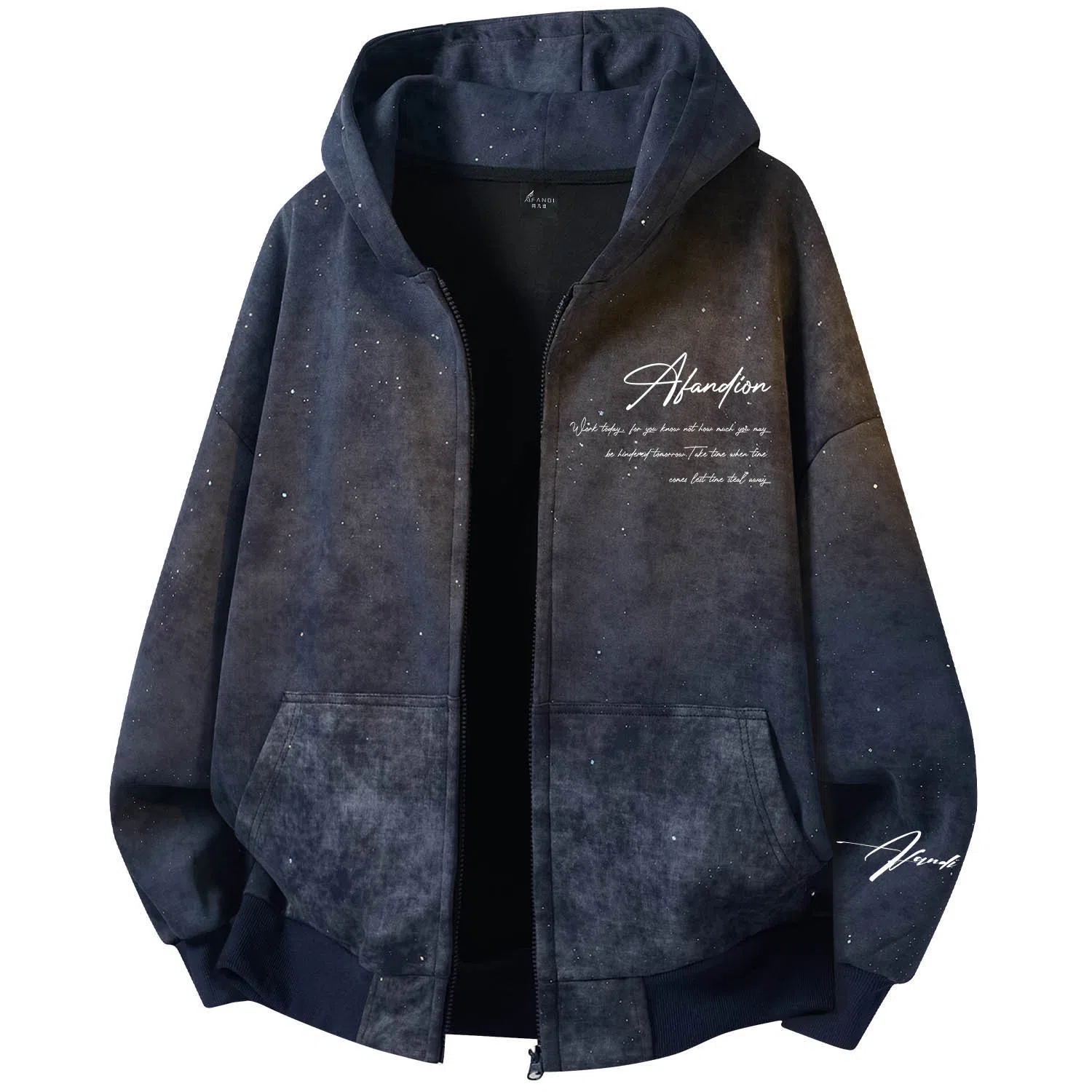 阿凡迪 美式复古高街满天星扎染潮流品牌签名字母校园风学生休闲百搭通勤无性别主义嘻哈街头宽松舒适重磅拉链外套开衫连帽卫衣 男女同款