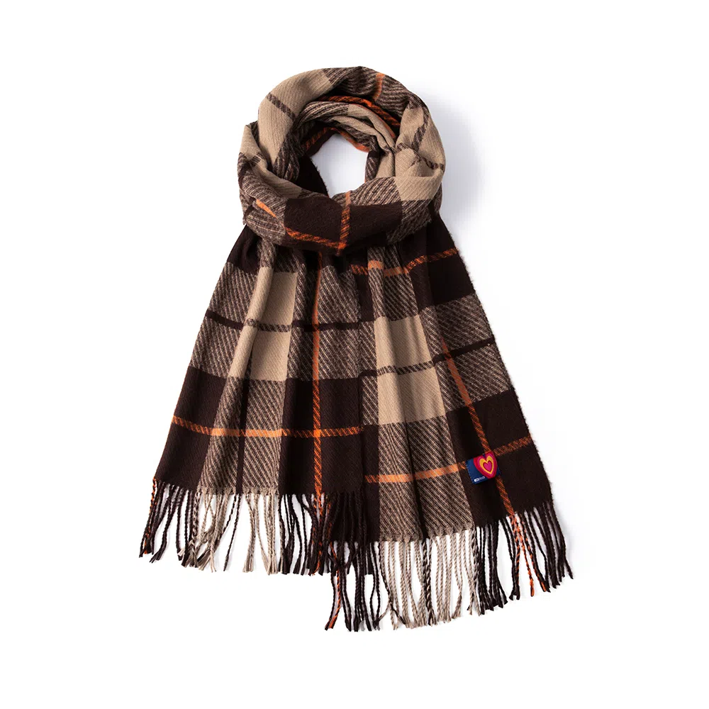 红豆 保暖外搭格子纹流苏 聚酯纤维 绒线围巾 男女同款情侣款