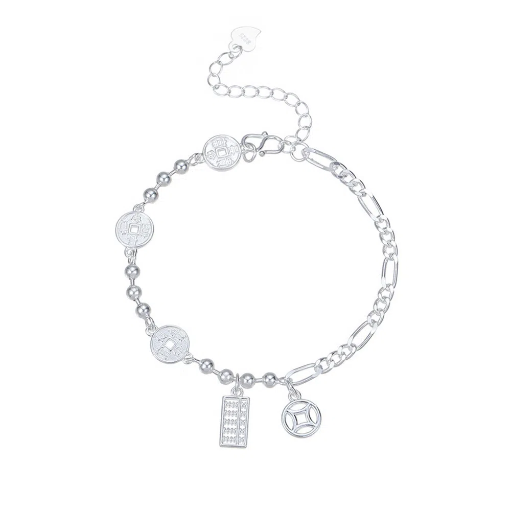 【S925纯银 财源滚滚】 七七银饰 钱币算盘 招财纳福马上有钱花 新中式盘缠平安福 轻奢好运钱币气质 通勤百搭  银 手链 女款