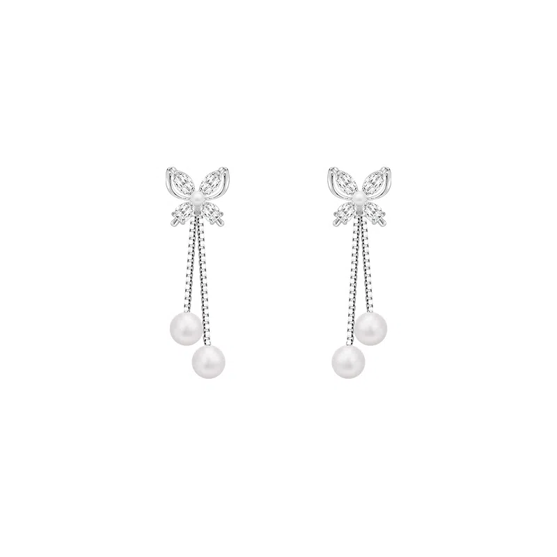 芒果饰品 超仙闪锆蝴蝶珍珠流苏#好运 铜合金 耳环 女款