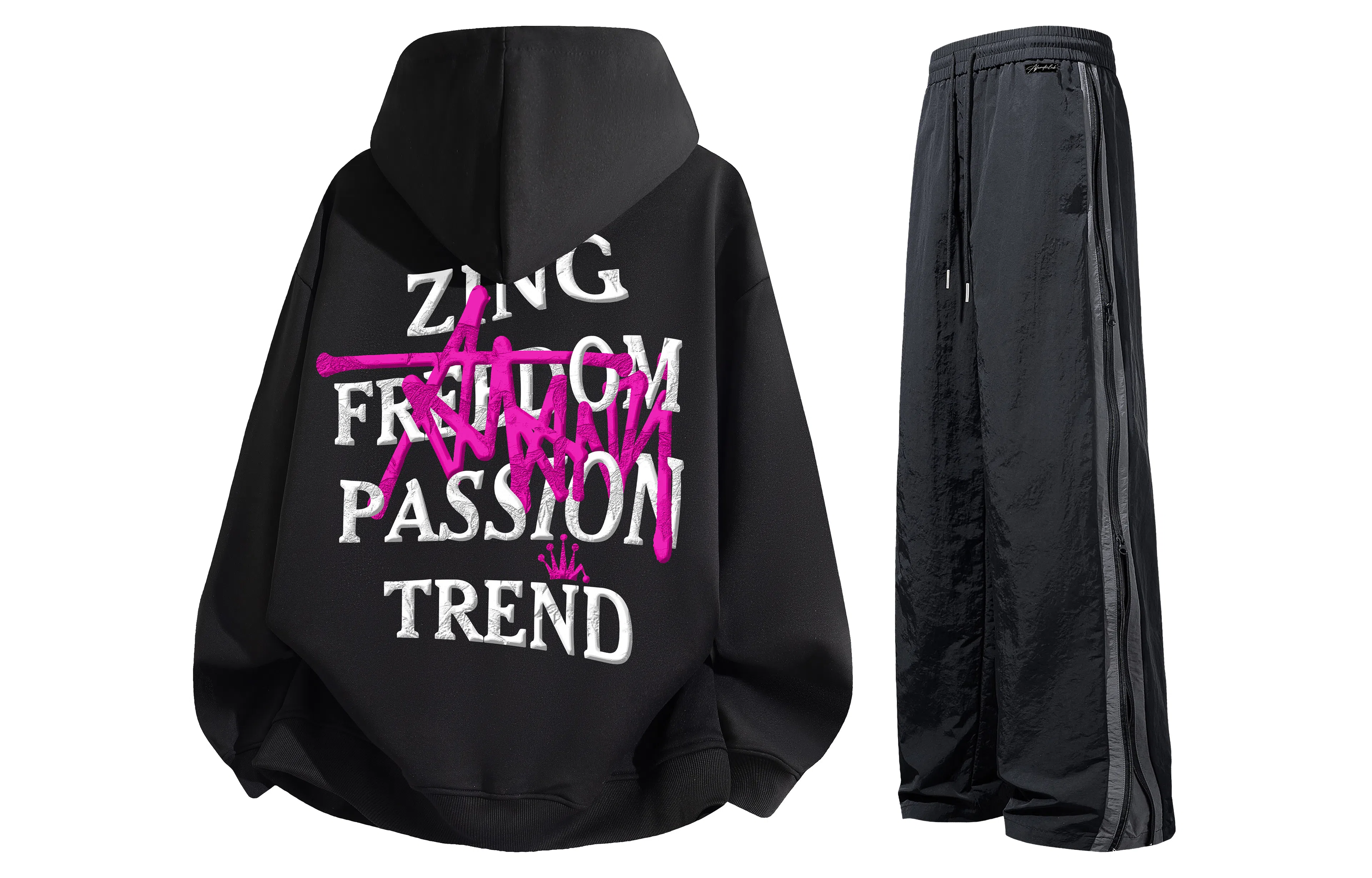 阿凡迪 美式复古街头简约基础设计浮雕涂鸦字母潮牌印花宽松舒适百搭时尚潮流通勤连帽长袖卫衣中腰防风防水直筒裤休闲运动套装 男女同款