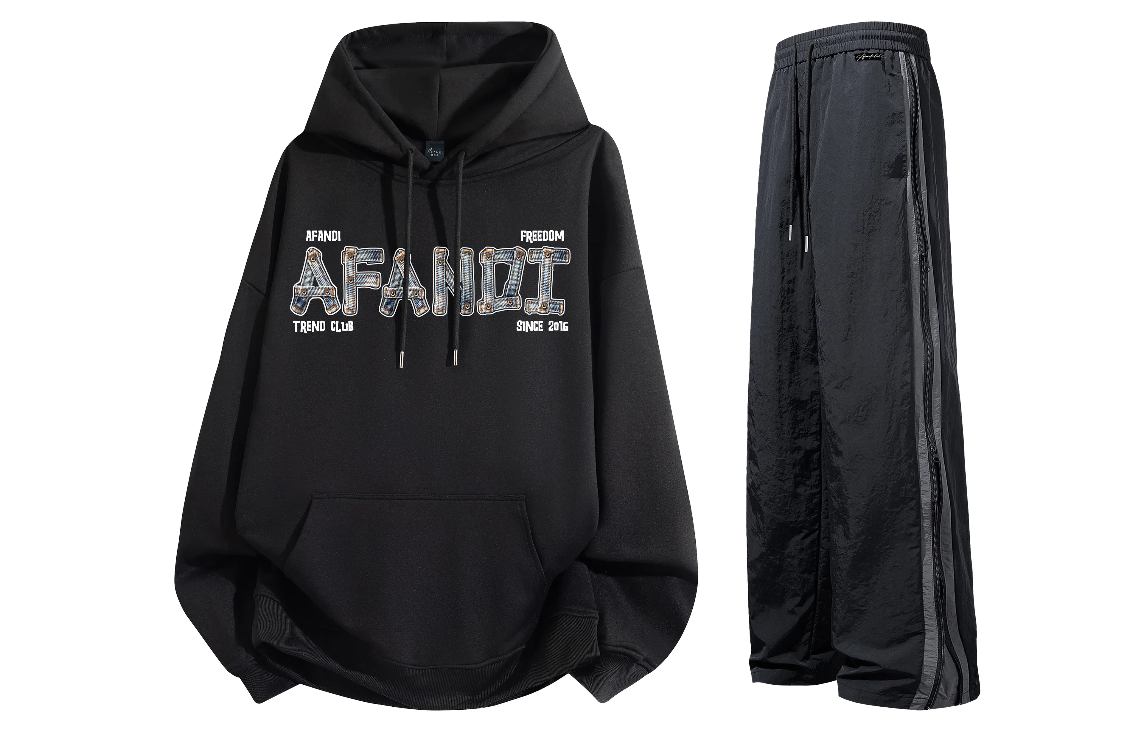 阿凡迪 美式复古街头简约基础仿牛仔布设计字母潮牌印花宽松舒适百搭时尚潮流通勤连帽长袖卫衣中腰防风防水直筒裤休闲运动套装 男女同款