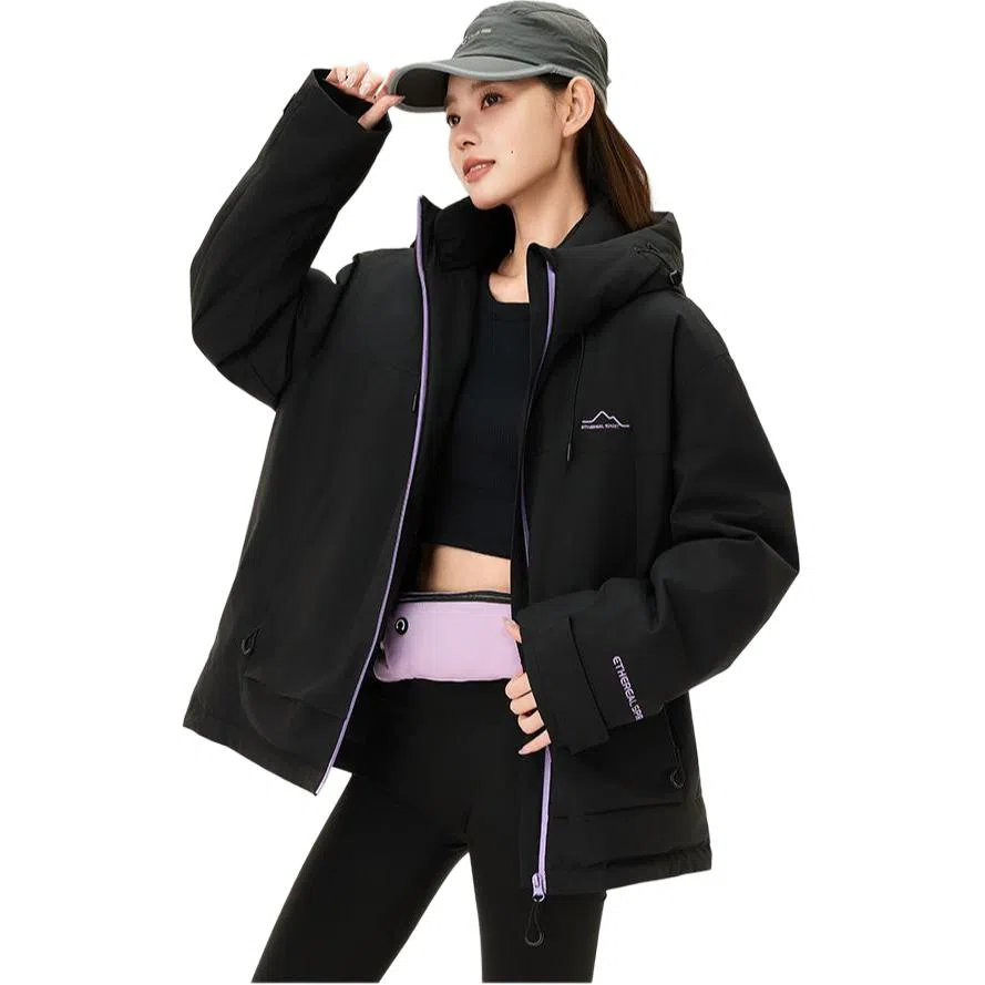 鸭鸭 新山系系列 户外运动轻量化高透湿透气防风雨防水防油污保暖耐磨连帽拼接撞色外套羽绒服 女款