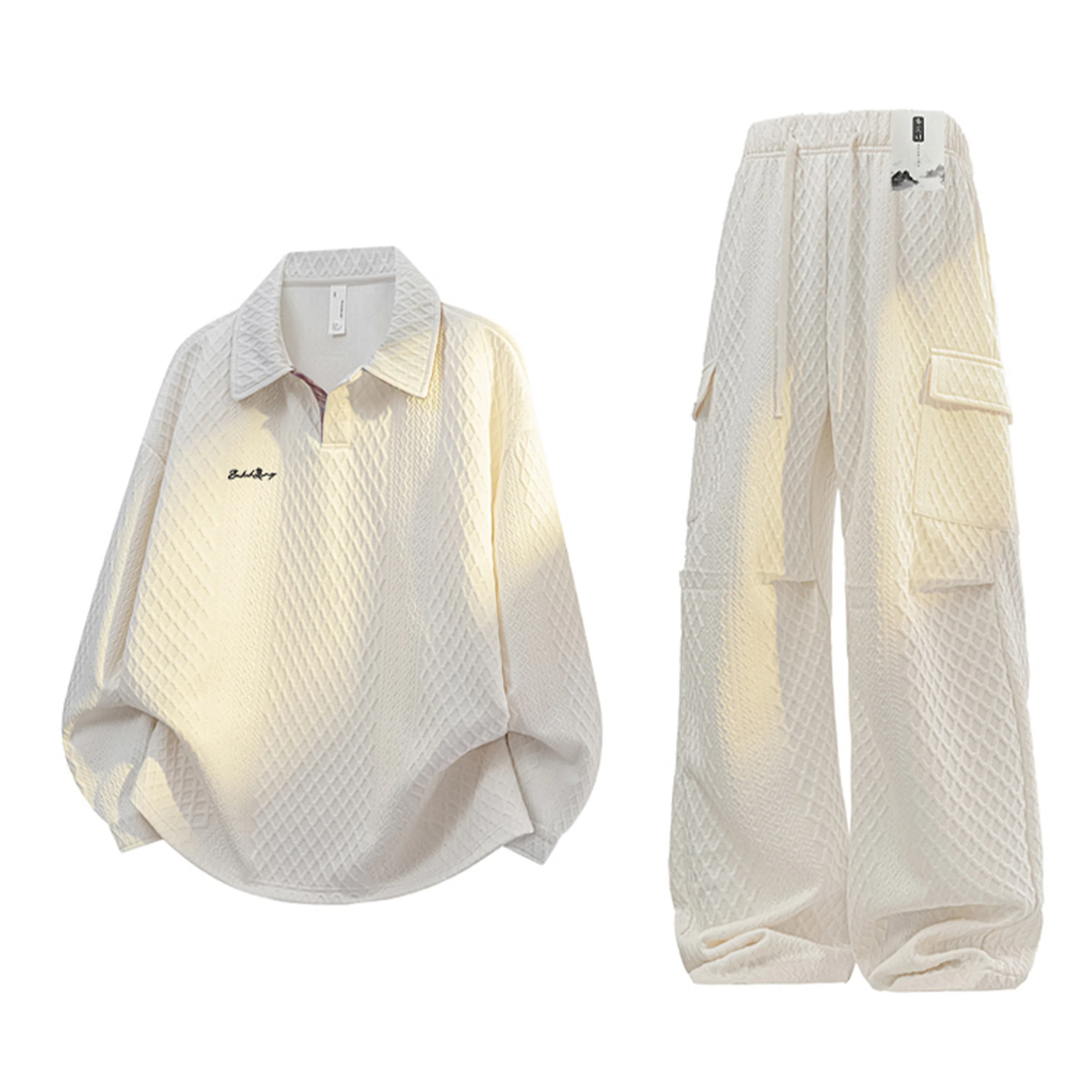 【免搭配一套显高显瘦】布客行 美式复古麻花肌理感简约高级轻奢老钱翻领长袖卫衣可拆卸别针工装弯刀直筒春秋百搭舒适休闲套装 男女同款