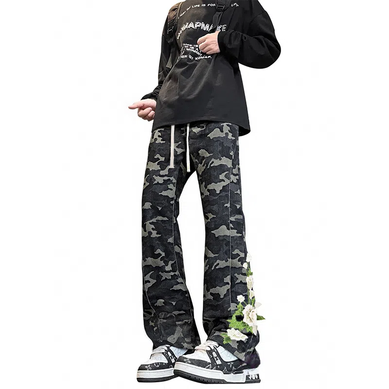 【万针刺绣立体浮雕系列】布客行 工装迷彩拼接微喇显高显瘦重工美式复古直筒花卉高街百搭松紧腰抽绳长裤运动户外休闲牛仔裤 男女同款