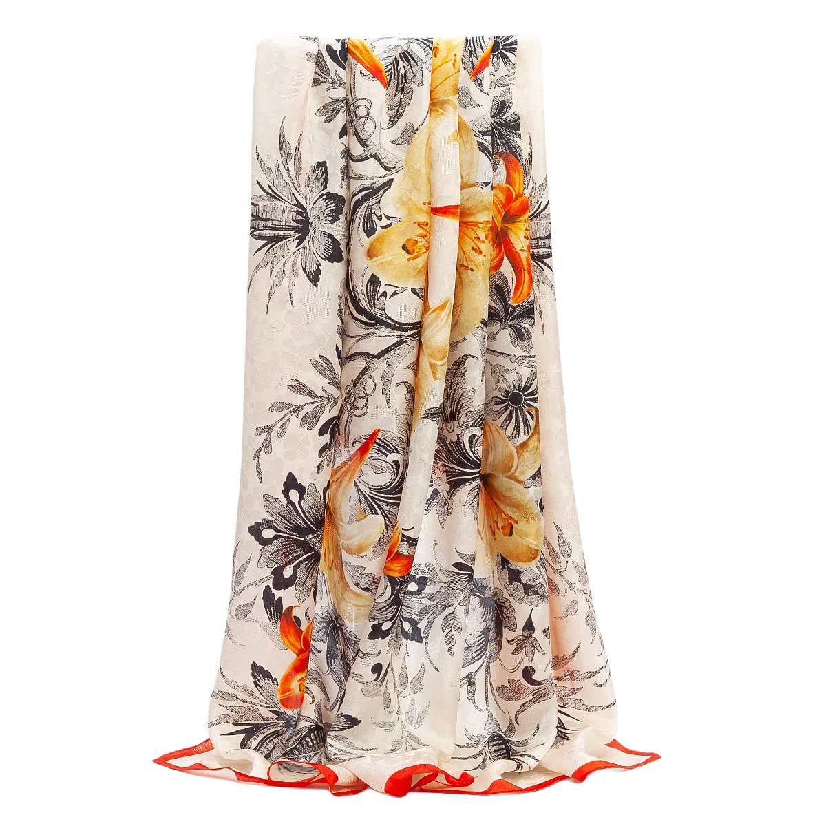 一米画纱 轻奢复古花卉图案花萝真丝喷绘优雅气质丝绸旗袍 桑蚕丝 丝巾 女款