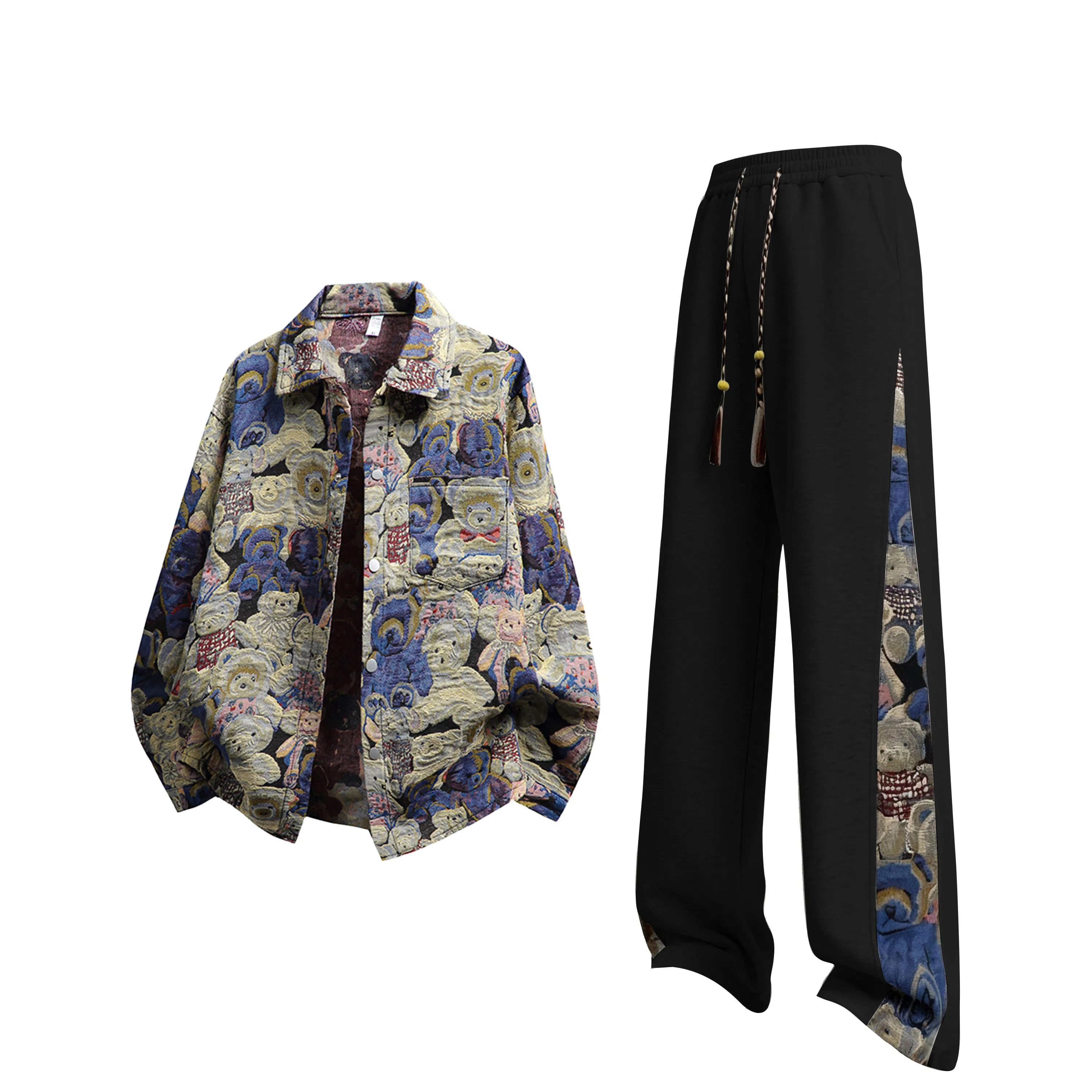 【小熊万针浮雕刺绣免搭配】布客行 美式复古高街潮牌宽松舒适时尚百搭重磅卫裤青少年痞帅翻领开衫牛仔长袖外套休闲运动套装 男女同款