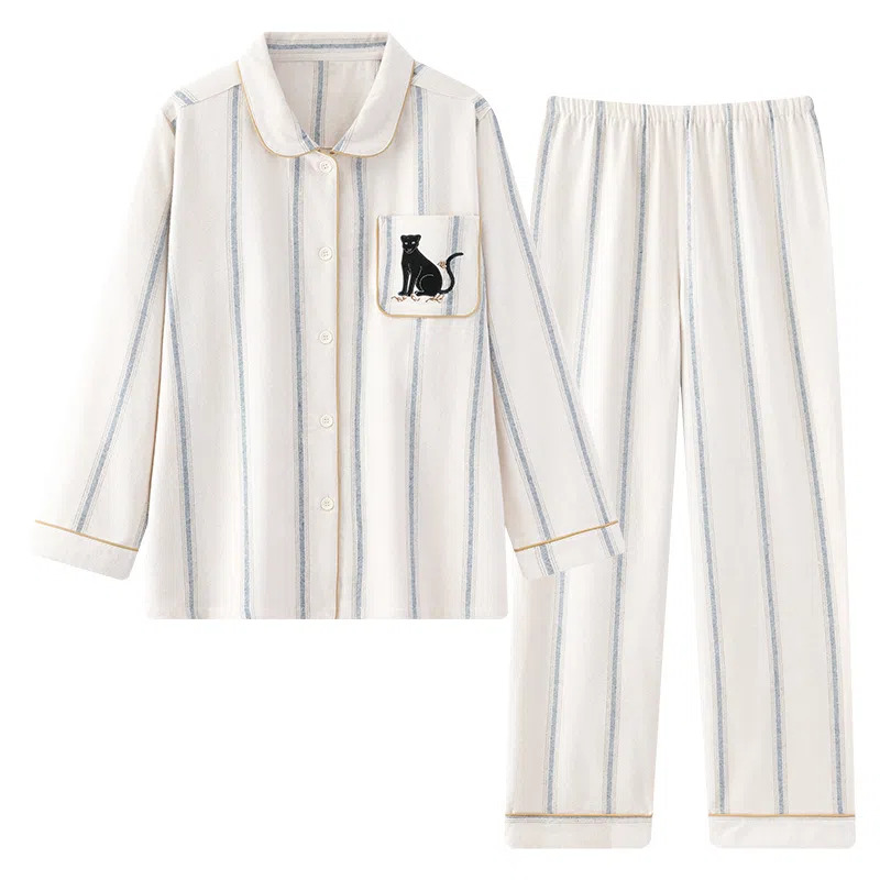 静英鸾 秋季翻领长袖长裤条纹卡通动物甜美风休闲舒适家居服睡衣套装 女款