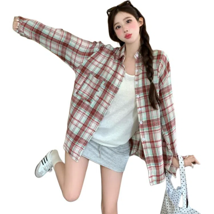 淑好百 复古格子女短袖衬衫 女款