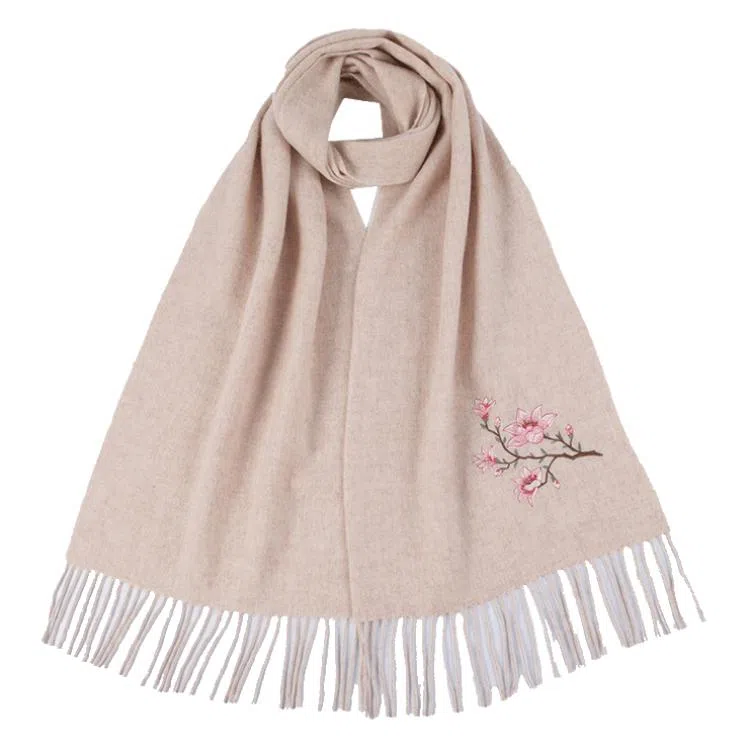 红豆 品牌时尚百搭保暖刺绣山水五福临门玉兰荷花云山龟背竹 羊毛 围巾 男女同款情侣款