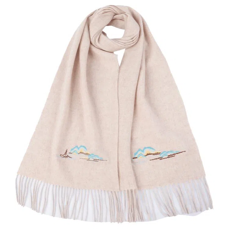 红豆 品牌时尚百搭保暖刺绣山水五福临门玉兰荷花云山龟背竹 羊毛 围巾 男女同款情侣款