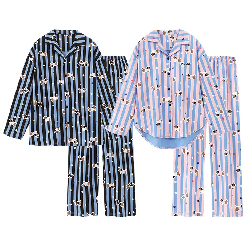 静英鸾 秋季翻领条纹腊肠狗甜美风休闲舒适可外穿家居服睡衣套装 男女同款