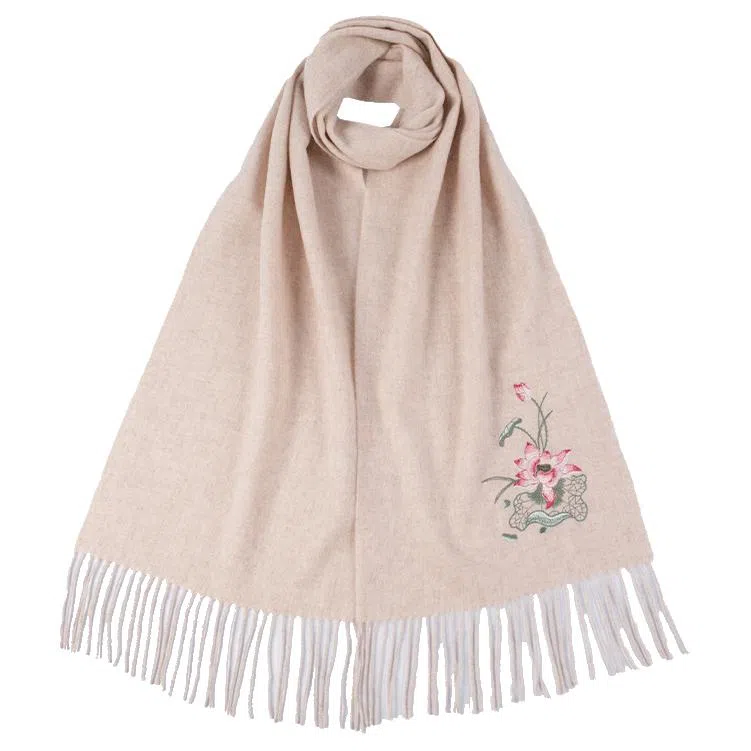 红豆 品牌时尚百搭保暖刺绣山水五福临门玉兰荷花云山龟背竹 羊毛 围巾 男女同款情侣款