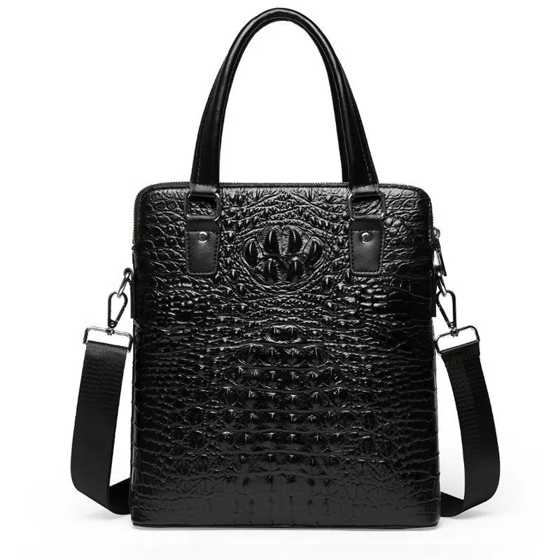 老人头 商务休闲鳄鱼纹高级感百搭通勤手提包单肩斜挎 头层牛皮 公文包 男款 黑色