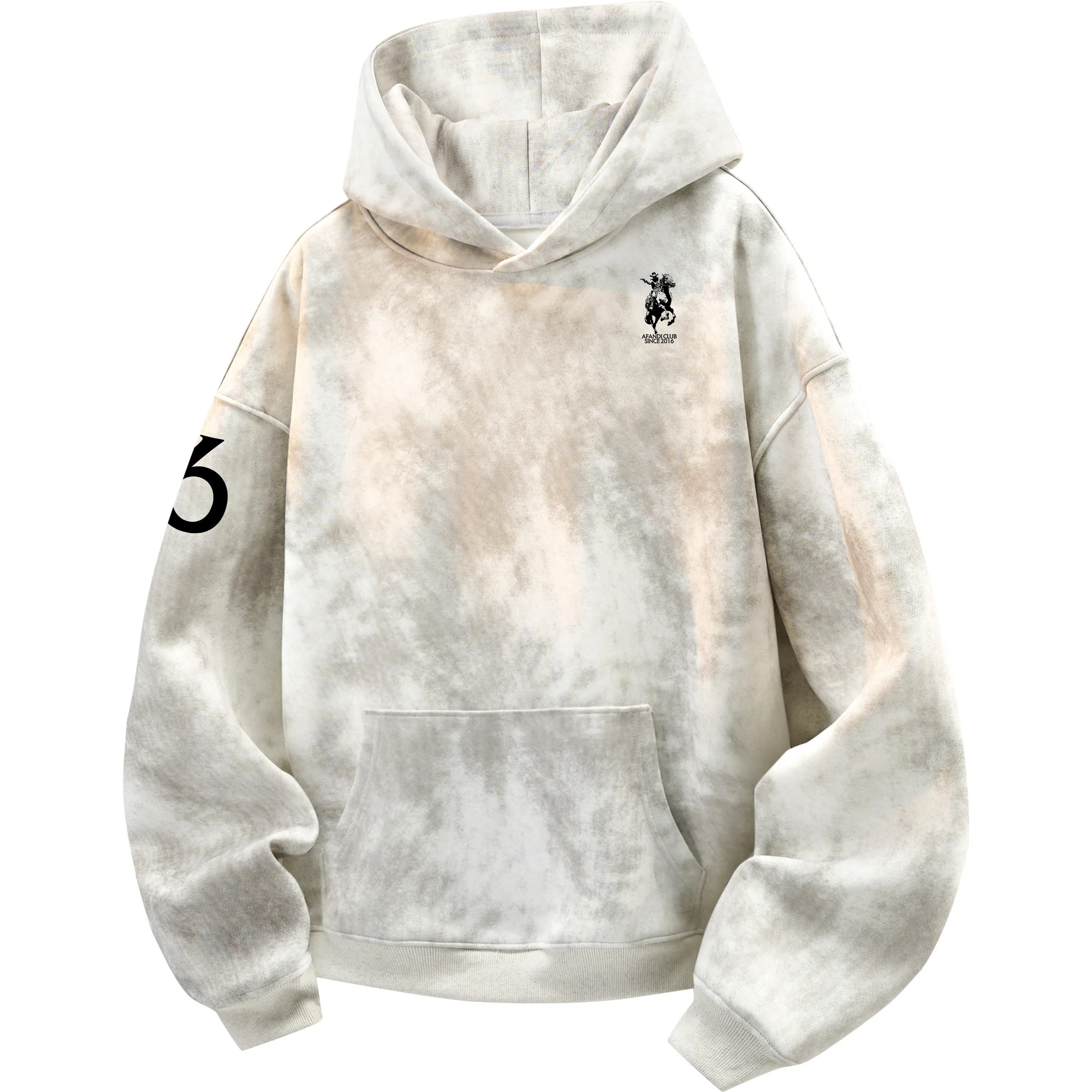 阿凡迪 美式复古街头简约基础扎染设计西部牛仔字母潮牌袖子印花宽松舒适休闲百搭时尚潮流通勤无性别主义抽绳长袖连帽卫衣 男女同款