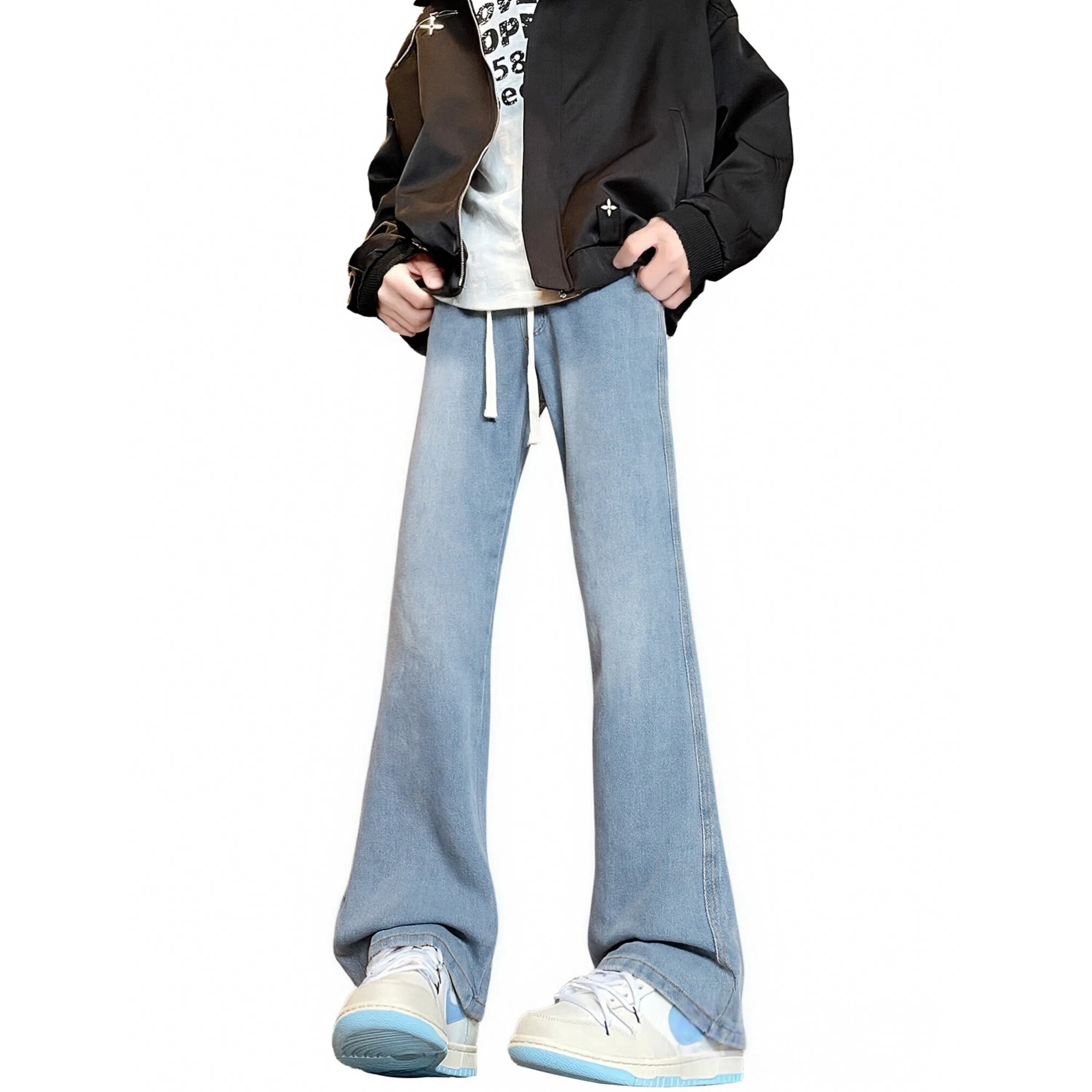 【巴黎柳叶弯刀裤】布客行 美式复古水洗直筒基础款高街舒适亲肤透气休闲百搭微喇纯色长裤显高显瘦显腿长弹力抽绳松紧腰牛仔裤 男女同款