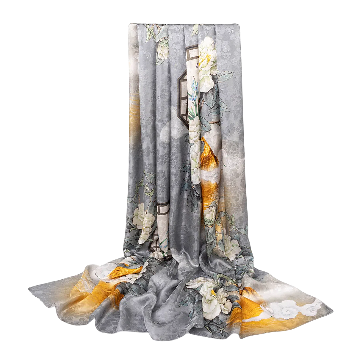 一米画纱 国风古典花卉真丝高级感提花浪漫色彩长巾外出轻盈飘逸披肩 桑蚕丝 丝巾 女款