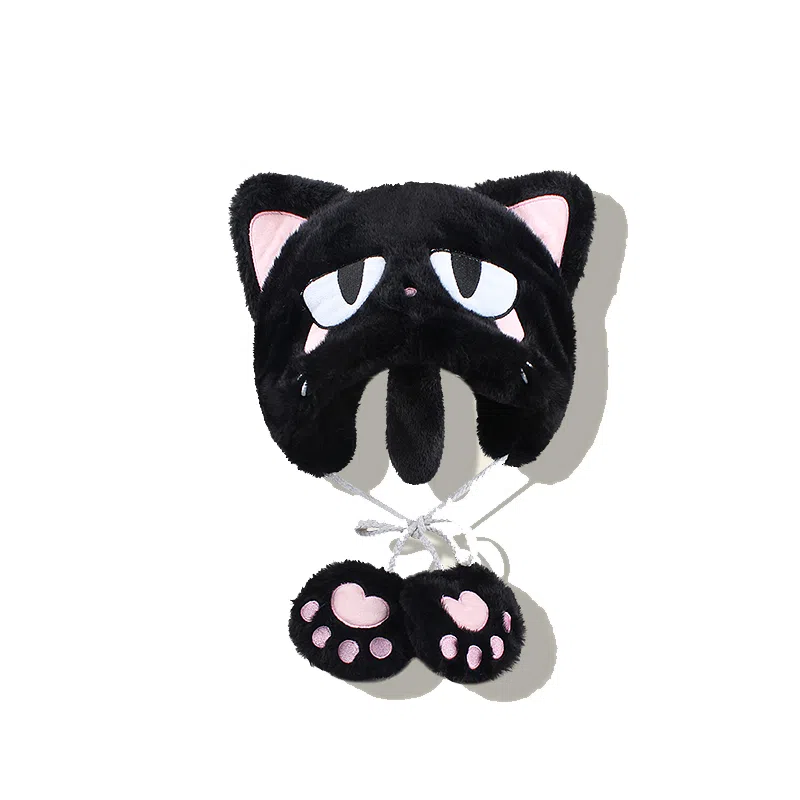 【甜酷Y2K~搞怪萌趣】 攸委 可爱甜美百搭小恶魔耳朵毛绒帽子女秋冬加厚保暖护耳帽 涤纶 卡通小喵滑雪套头帽雷锋绒线帽 男女同款情侣款