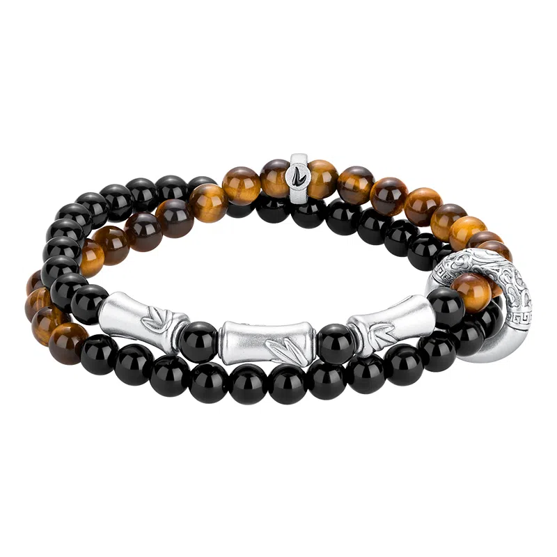 【节节高|999足银】 银千惠 新中式竹节圆环双层叠色手饰步步高升国风国潮高级感层次设计竹子心想事成事业高升学业进步 黑曜石 手串 男款