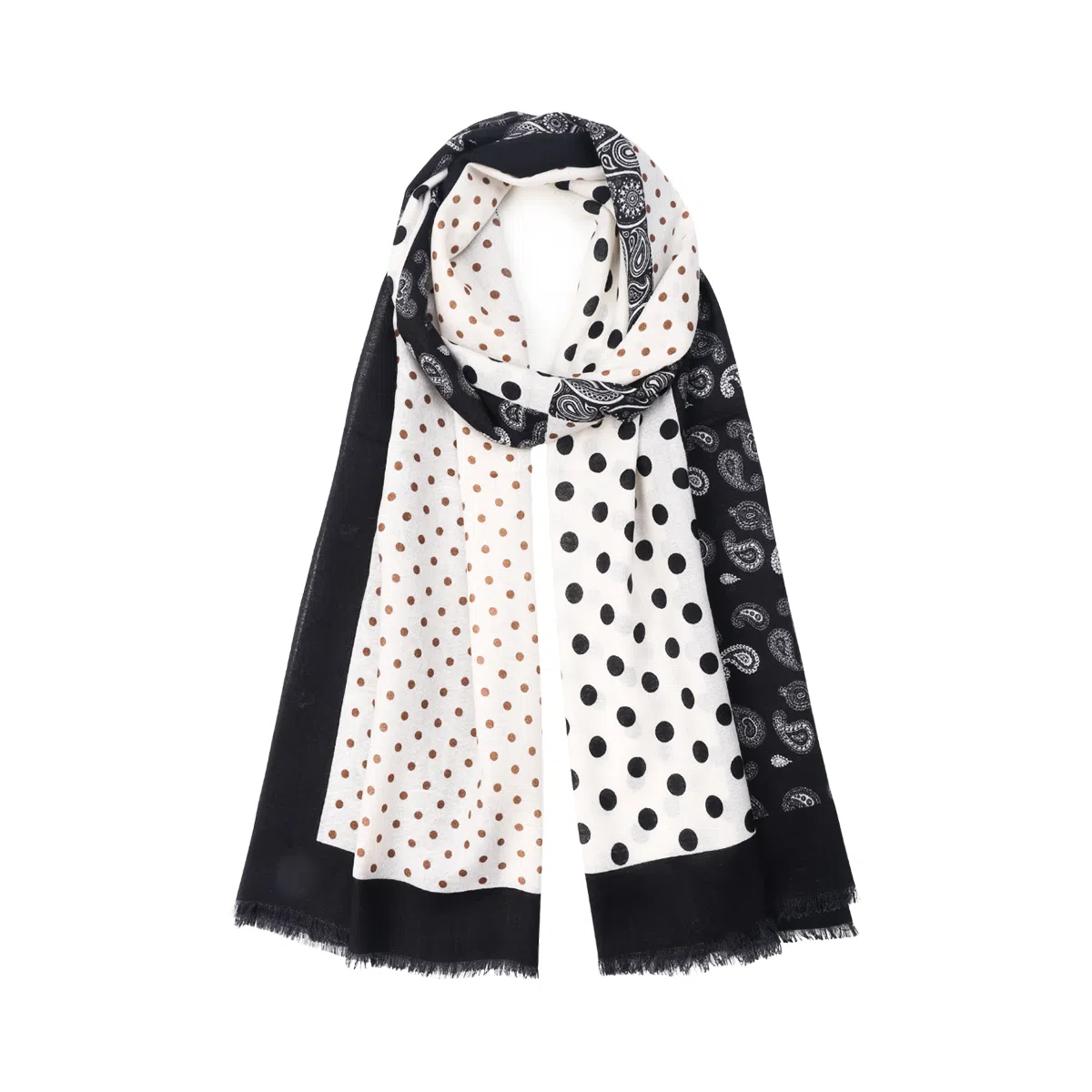 莎莎 佩斯利腰果花波点拼色精纺高支数长巾 时尚百搭文艺复古风优雅大气加大保暖舒适 绵羊毛 绒线围巾 女款