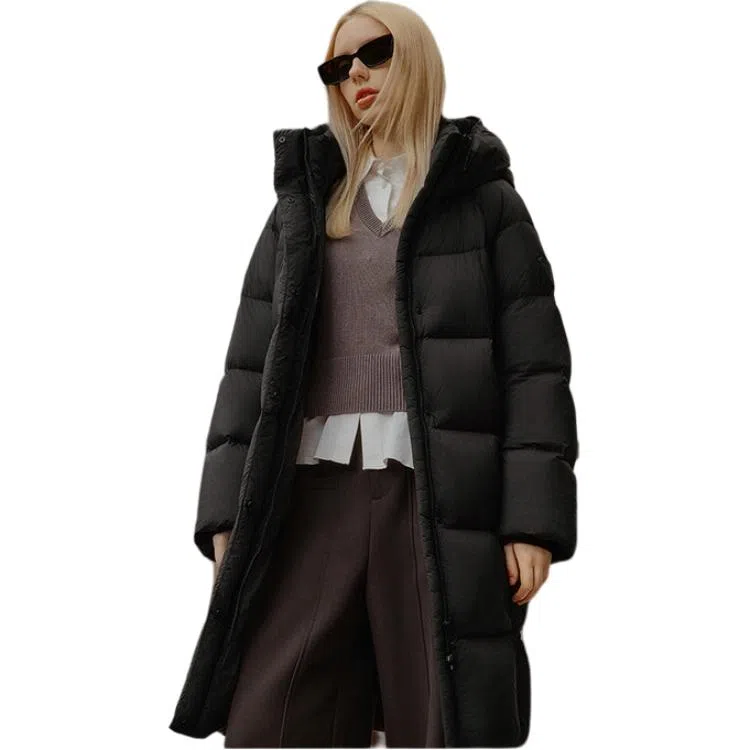 坦博尔 长款连帽过膝长袖通勤面包服羽绒服 女款