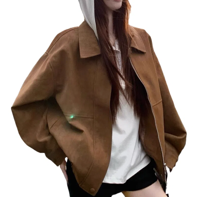 兰缪 美拉德复古麂皮绒高级感雪花巴恩风皮秋季宽松翻领休闲机车外套夹克 女款