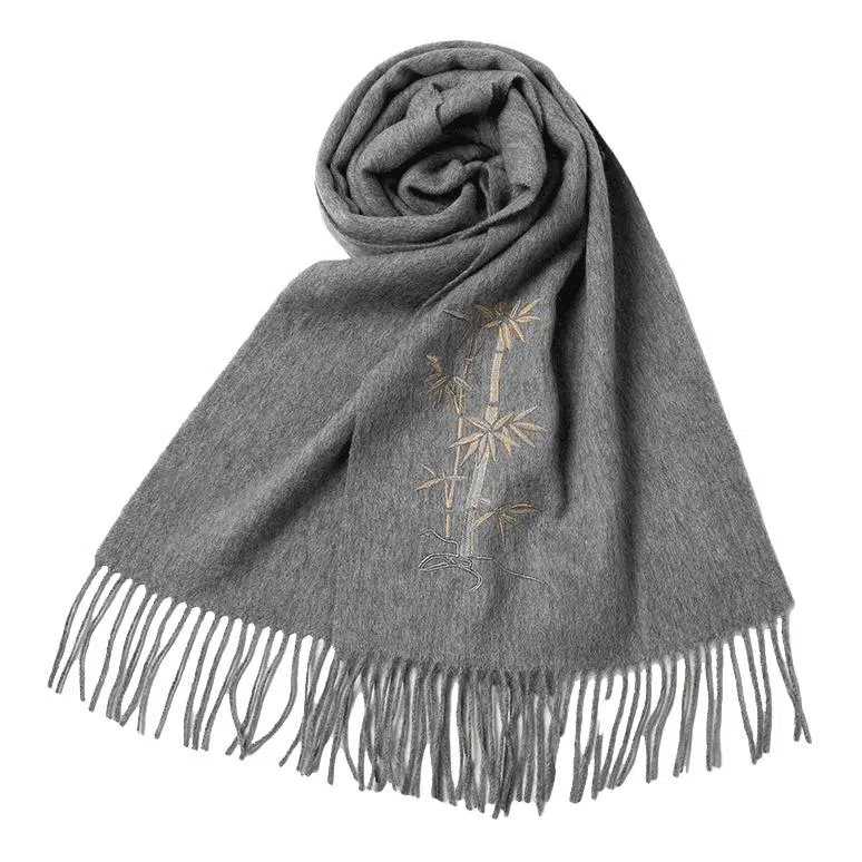 红豆 品牌时尚百搭保暖刺绣山水五福临门玉兰荷花云山龟背竹 羊毛 围巾 男女同款情侣款