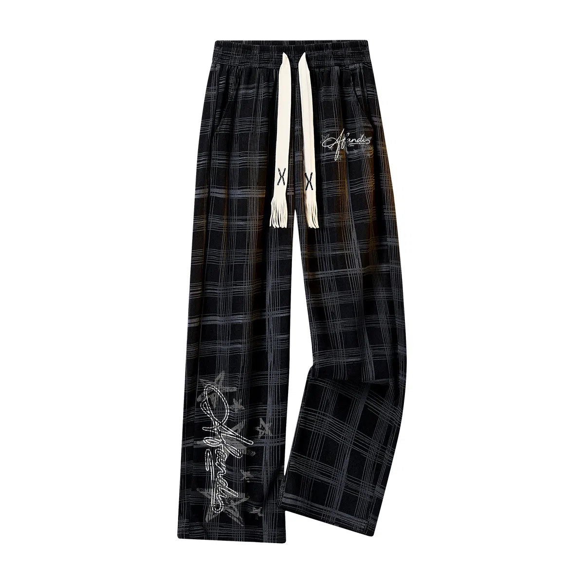 阿凡迪 美式重磅扎染格纹手绘字母系带抽绳裤子高街复古户外运动裤日常通勤百搭格子长裤宽松柔软垂感舒适阔腿休闲裤 男女同款