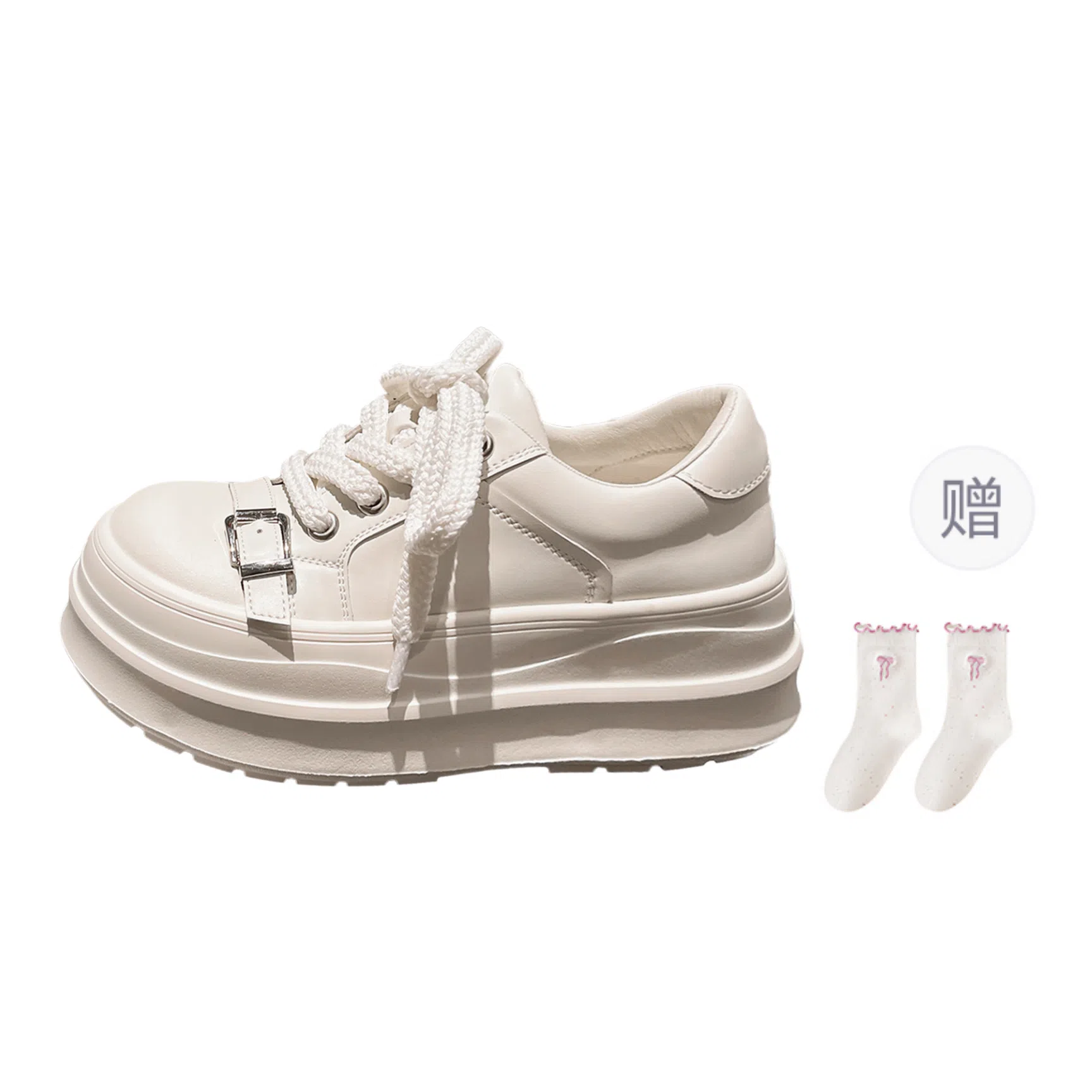 乐乐鱼 金属扣大头系带厚底松糕面包鞋休闲小个子 增高 低帮 板鞋 女